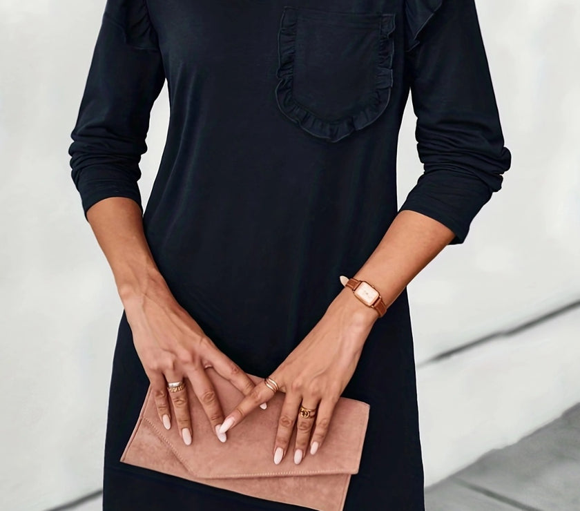 Ruffled Round Neck Long Sleeve Mini Dress
