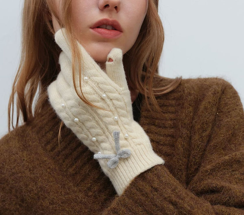 Thermal Pearl Detail Bow Five-Finger Gloves