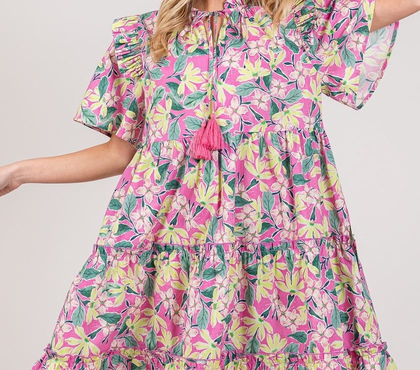 SAGE + FIG Floral Ruffle Short Sleeve Dress