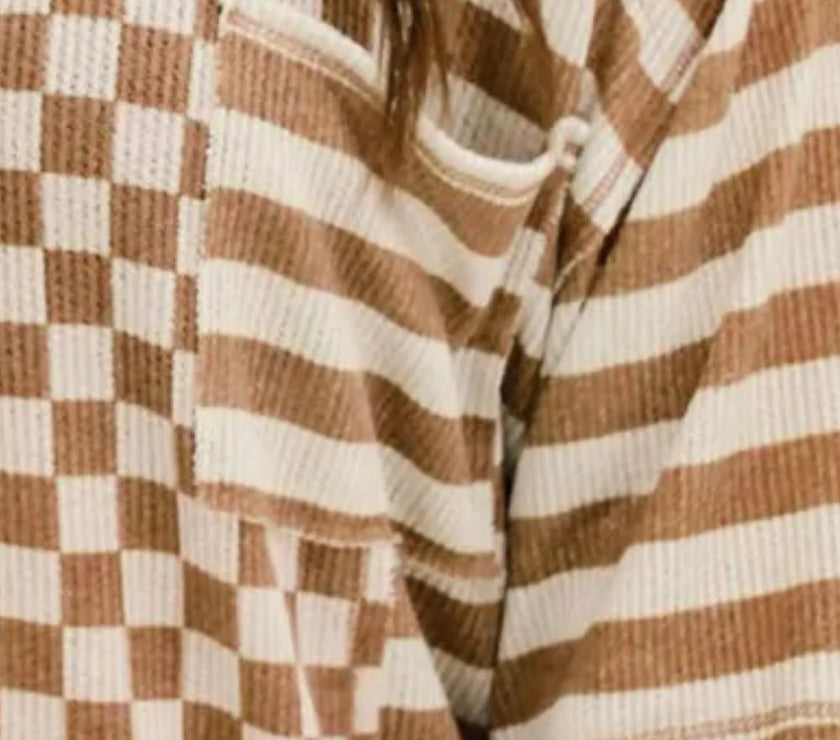 Plus Size Stripes & Checker Round Neck Long Sleeve Top