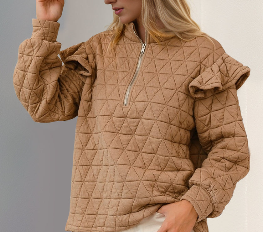 Double Take Ruffled Texture Half Zip Long Sleeve Sweatshirt