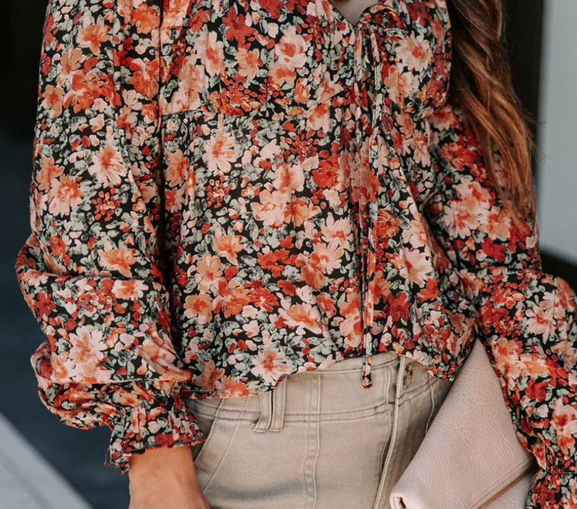 Peplum Tied Flora Long Sleeve Blouse