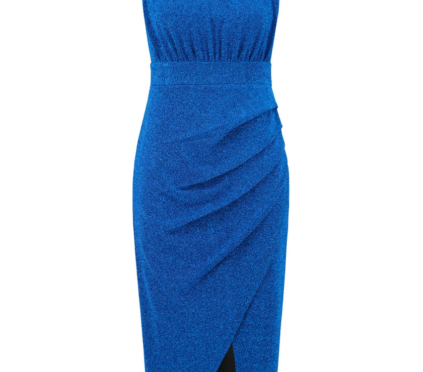 Slit Ruched Mock Neck Sleeveless Dress