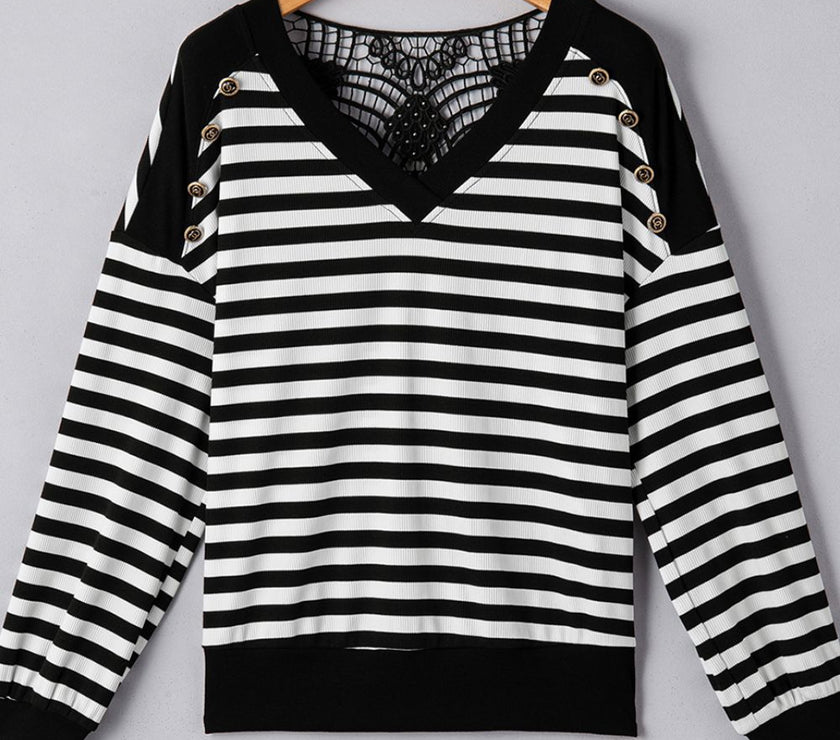 Striped Lace Detail V Neck Top