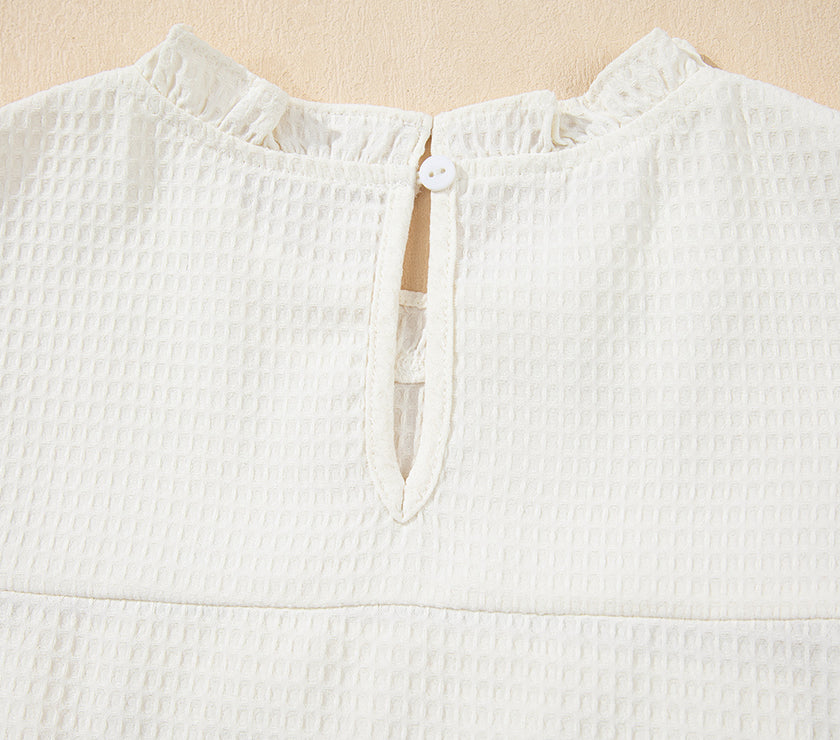 White Solid Color Ruffle Trim Waffle Knit Blouse