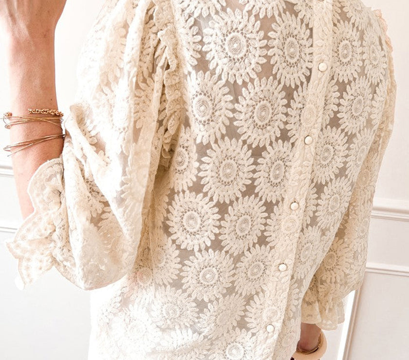 Flower Jacquard Flounce Sleeve Blouse