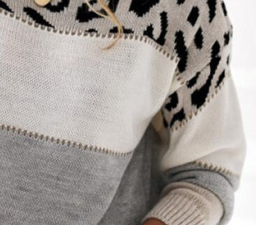Leopard Color Block Round Neck Long Sleeve Sweater