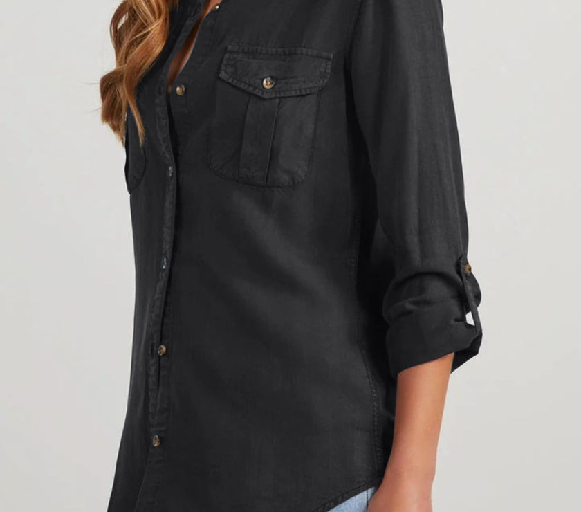 Collared Neck Roll-Tab Sleeve Denim Top