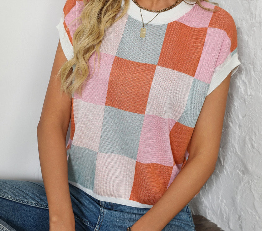 Mandy Checkered Round Neck Cap Sleeve Knit Top