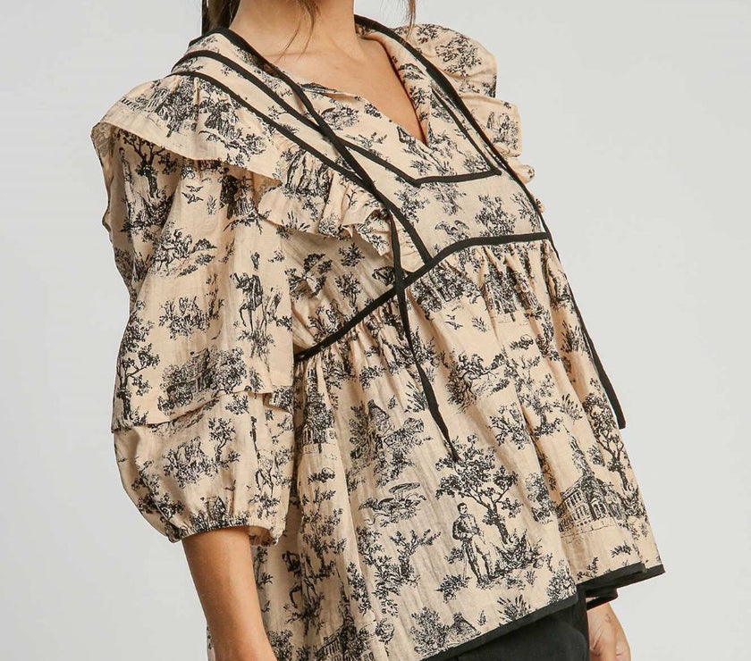 Umgee Ruffled Tie Neck Puff Sleeve Babydoll Blouse
