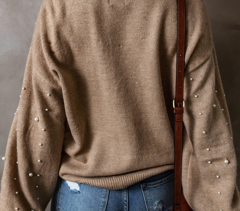 Pearl Detail Round Neck Long Sleeve Sweater