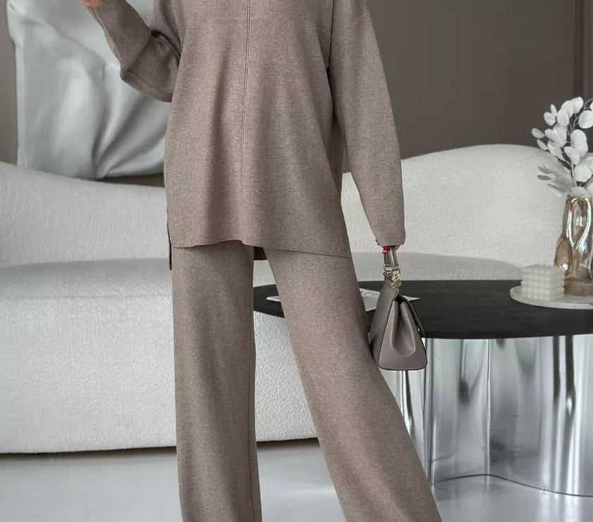 Slit Mock Neck Top and Pants Sweater Set