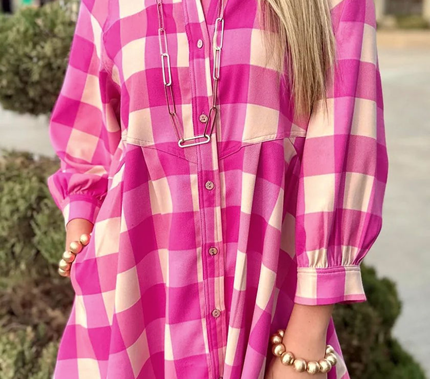 Ruched Plaid Three-Quarter Sleeve Shirt Dress