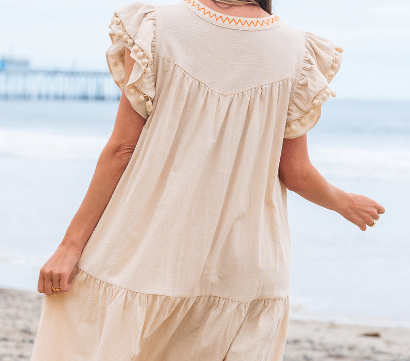 Jet Stream Linen Embroidery Split Neck Pom Pom Ruffle Sleeves Flowy Short Dress