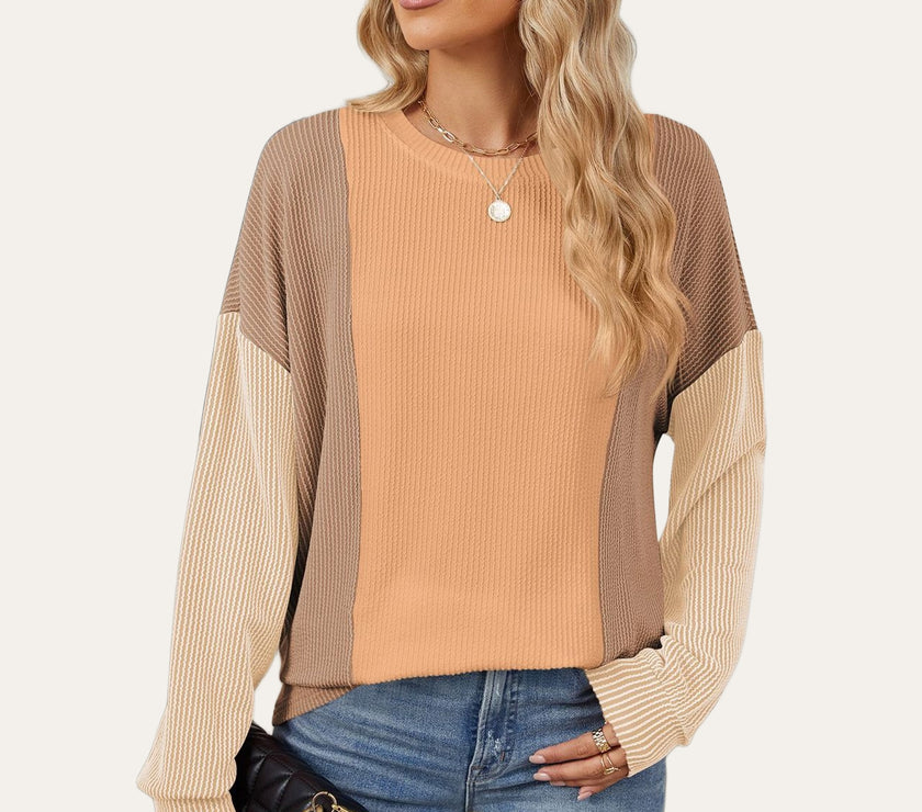 Double Take Texture Contrast Round Neck Long Sleeve T-Shirt