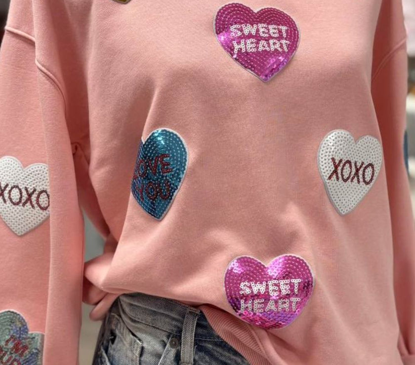 Valentine’s Day Sequin Heart Round Neck Long Sleeve Sweatshirt