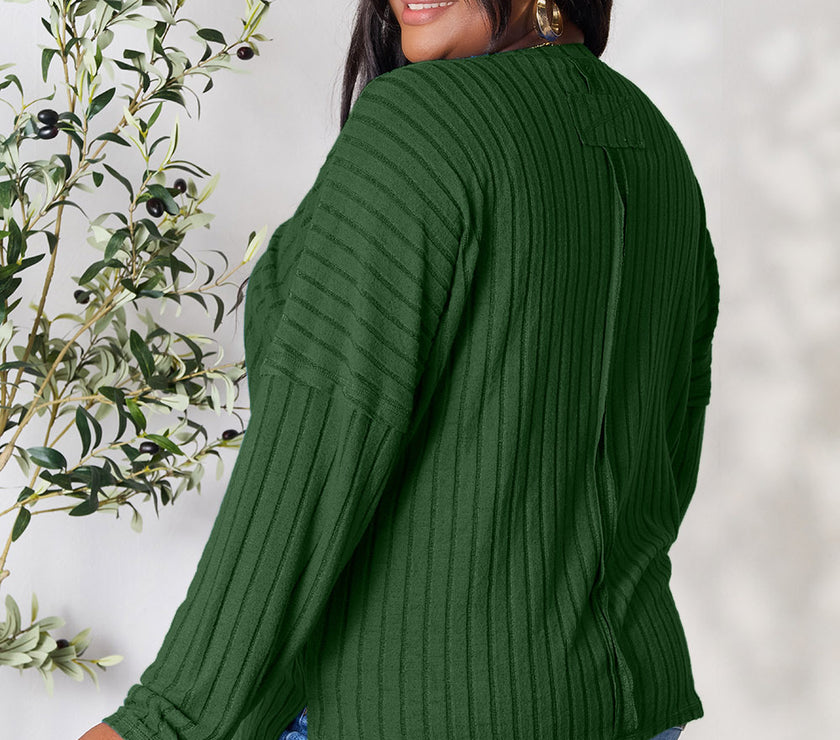 Basic Bae Full Size Ribbed Round Neck Slit Knit Top