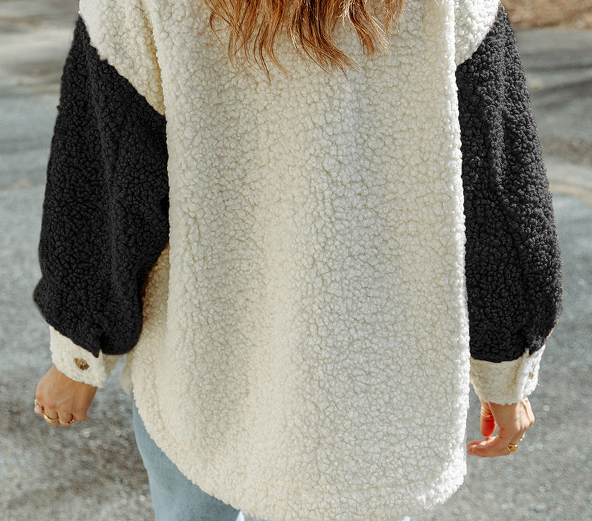 Color Block Collared Neck Sherpa Jacket