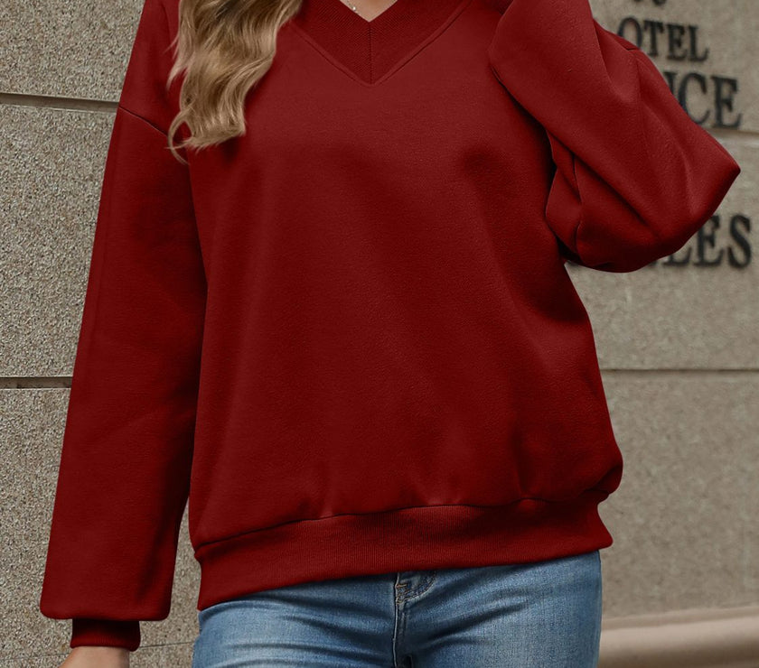 V-Neck Long Sleeve Dropped Shoulder Sweatshirt