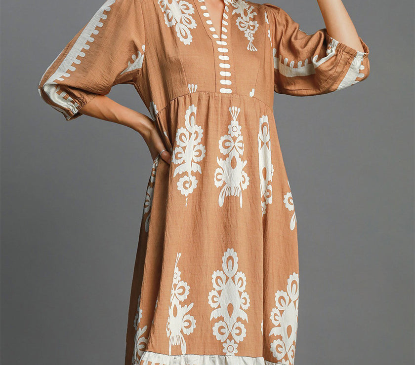 Umgee Full Size Printed Notched Midi Dress
