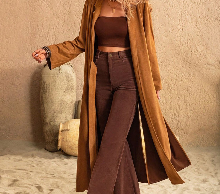 Slit Tied Collared Neck Longline Coat