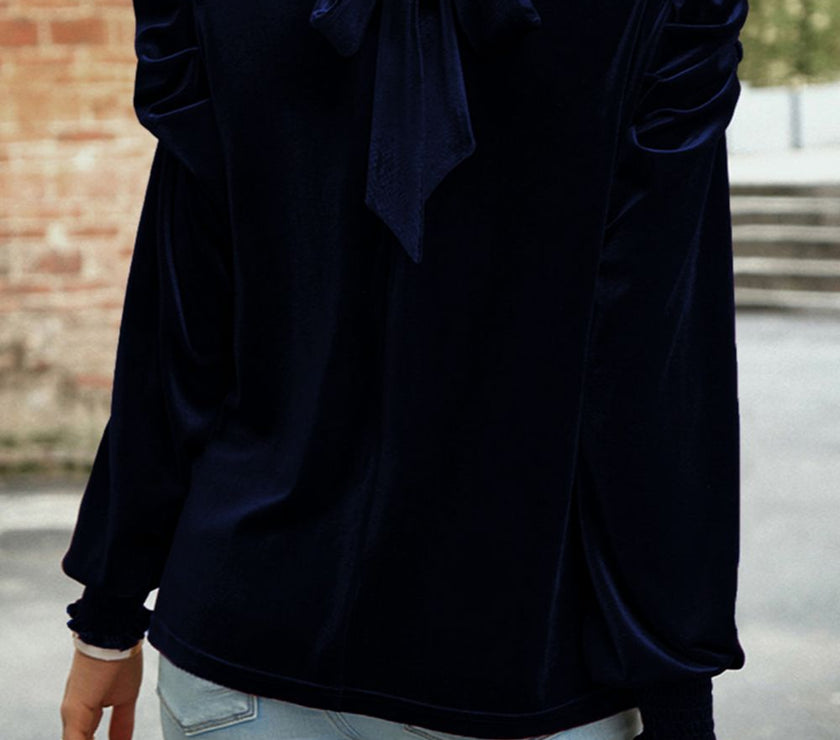 Tie Up Mock Neck Velvet Fabric Long Sleeve Blouse
