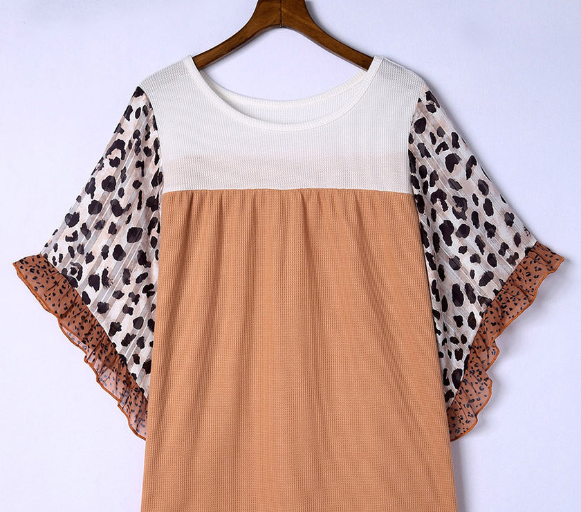 Plus Size Printed Color Block Ruffled Blouse