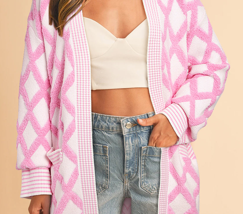 Geometric Open Front Long Sleeve Cardigan