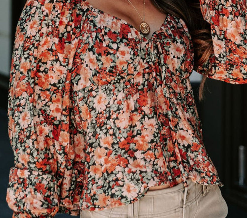 Peplum Tied Flora Long Sleeve Blouse