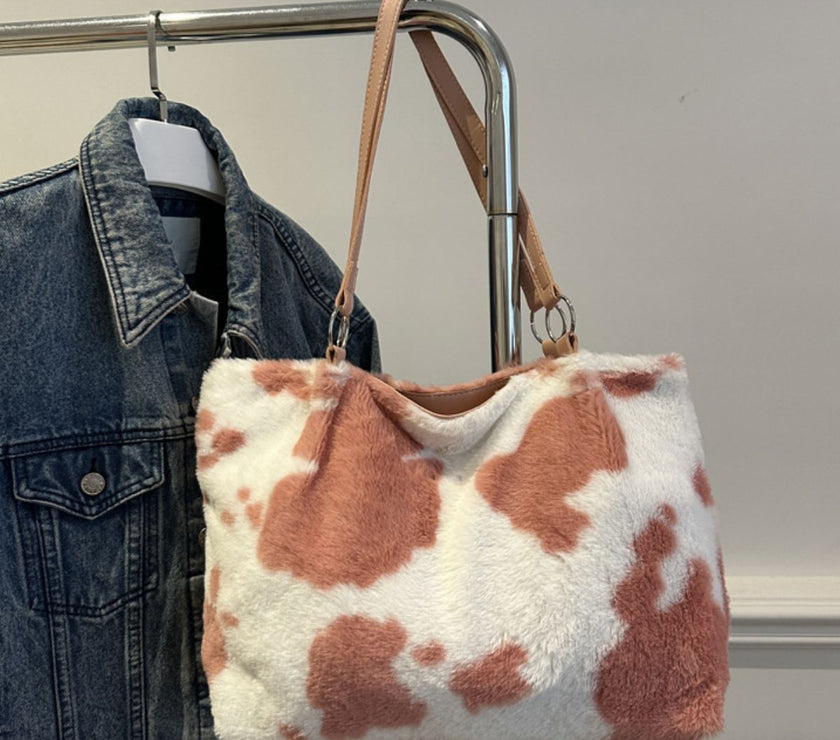 Cow Print Furry Tote Bag