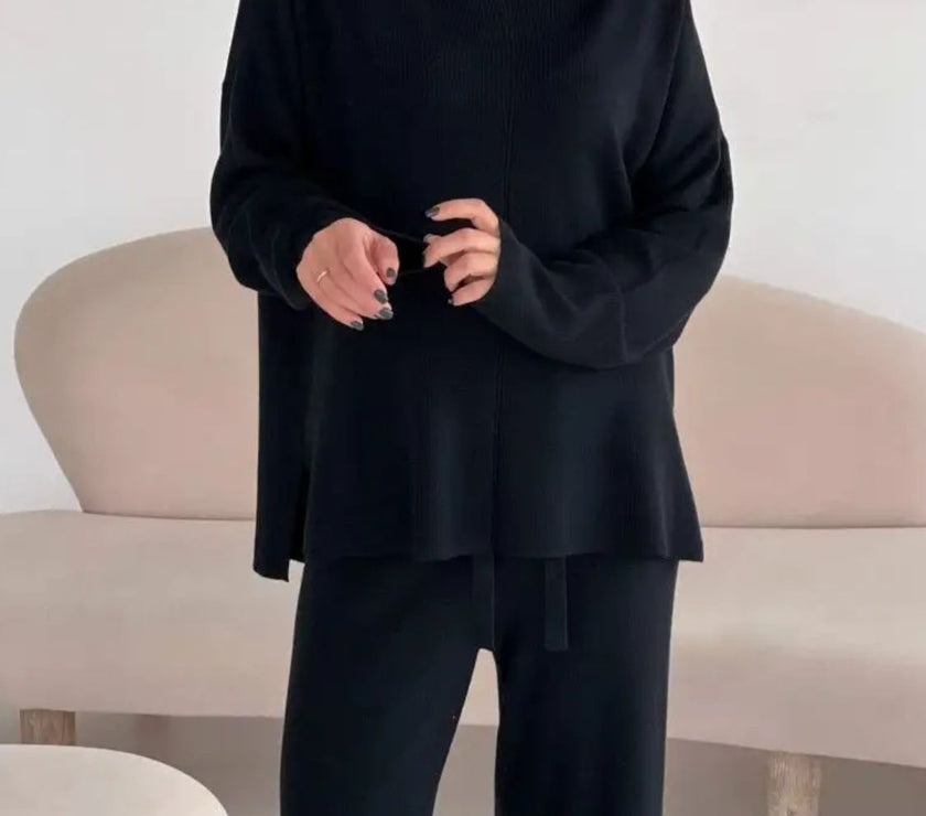 Slit Mock Neck Top and Pants Sweater Set