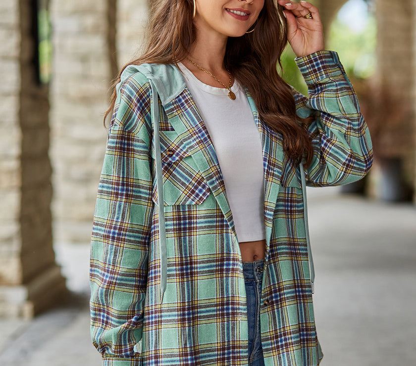 Mandy Plaid Long Sleeve Hooded Jacket