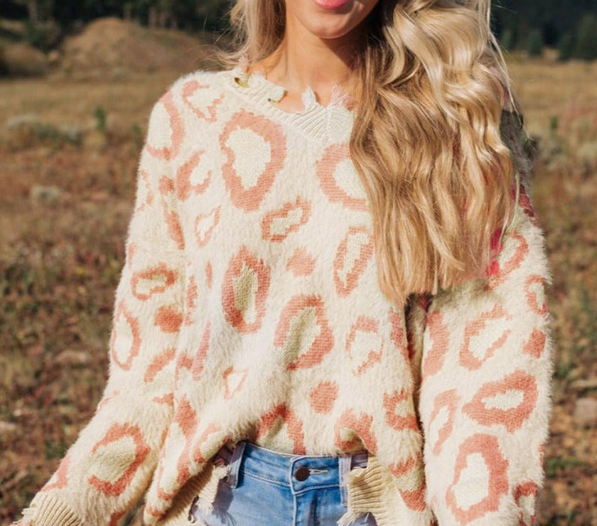 Distressed Trim Leopard V-Neck Sweater