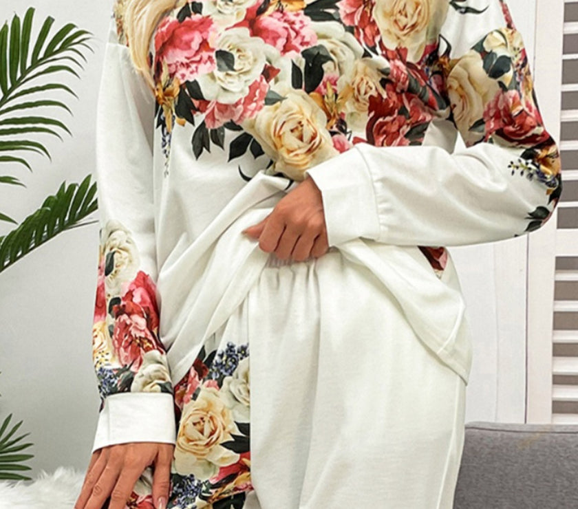 Shiny Printed Round Neck Top and Pants Lounge Set