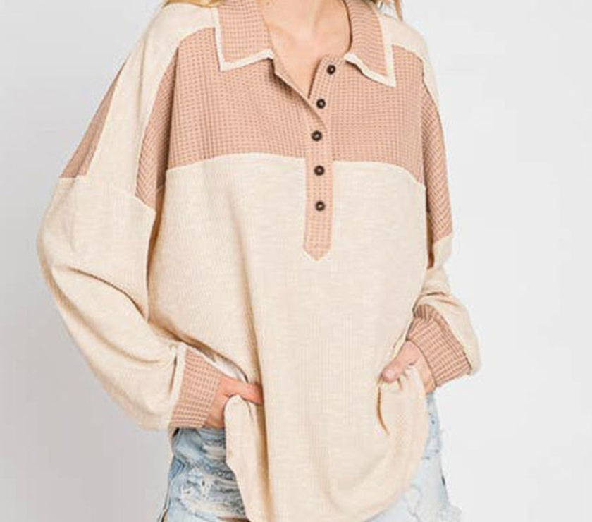Waffle-Knit Color Block Half Button Long Sleeve Top