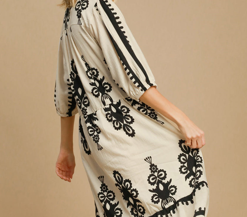 Umgee Printed Notched Midi Dress
