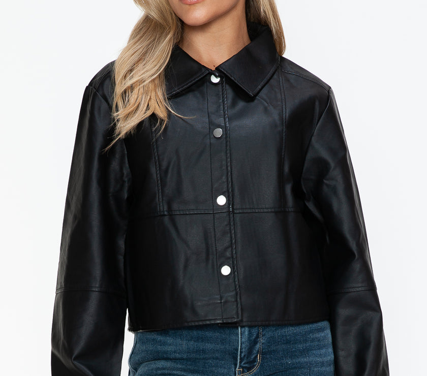 Snobbish Snap Down Long Sleeve PU Leather Jacket