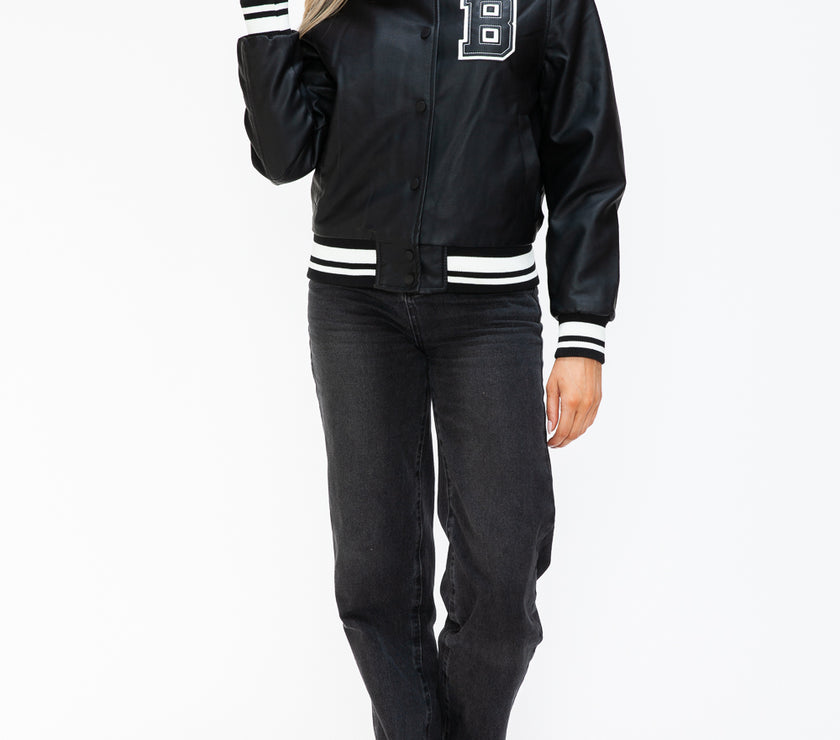 Love Me Now PU Leather Contrast Snap Down Bomber Jacket
