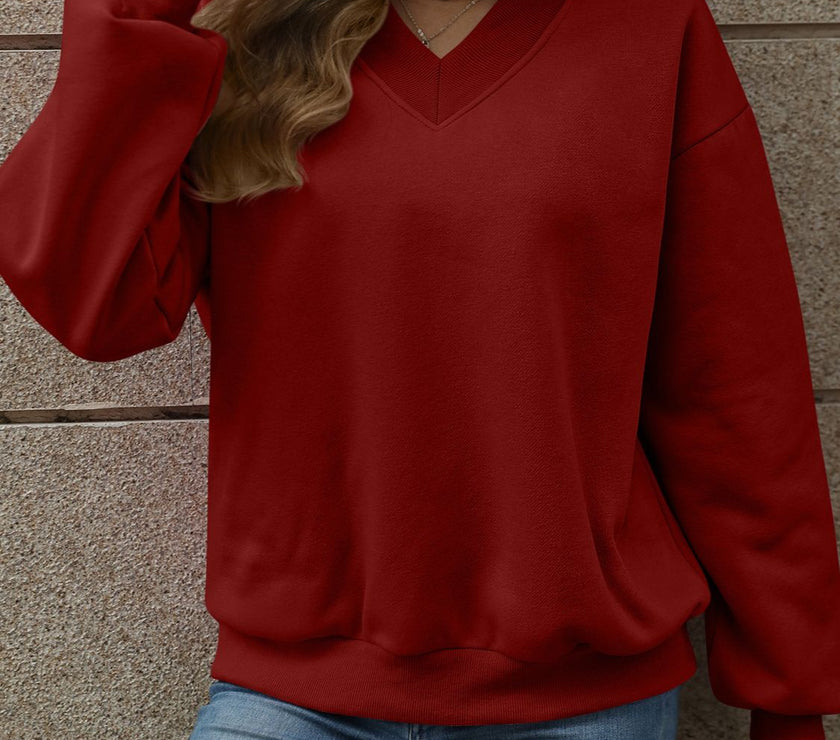 V-Neck Long Sleeve Dropped Shoulder Sweatshirt