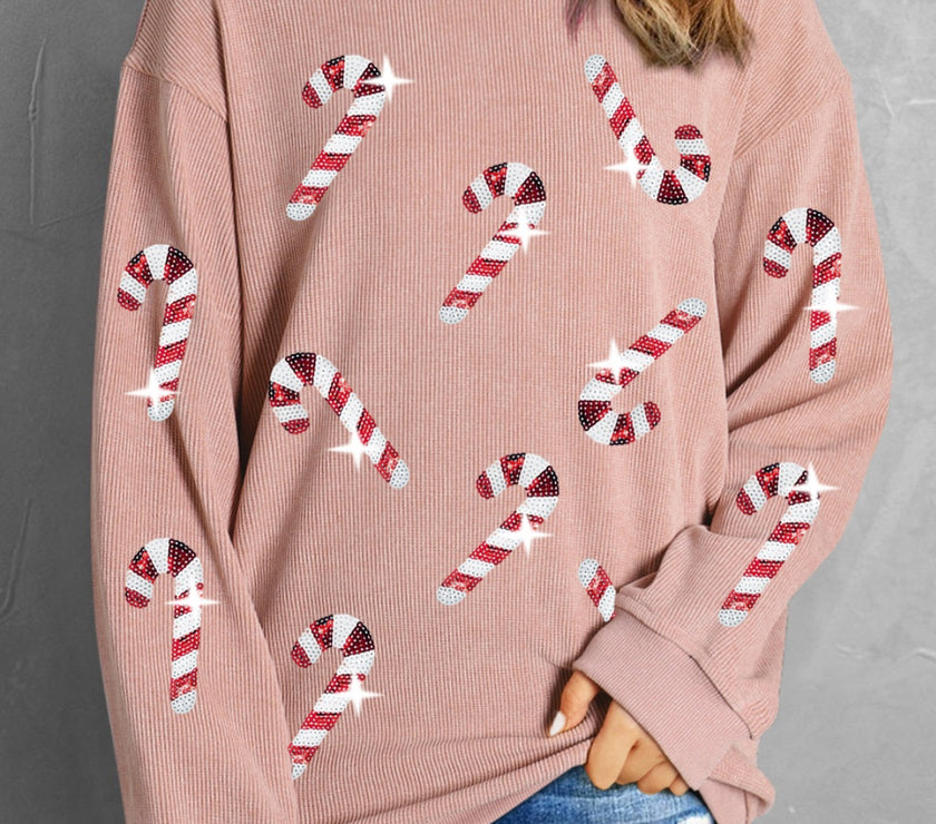 Sequin Candy Cane Round Neck Sweatshirt