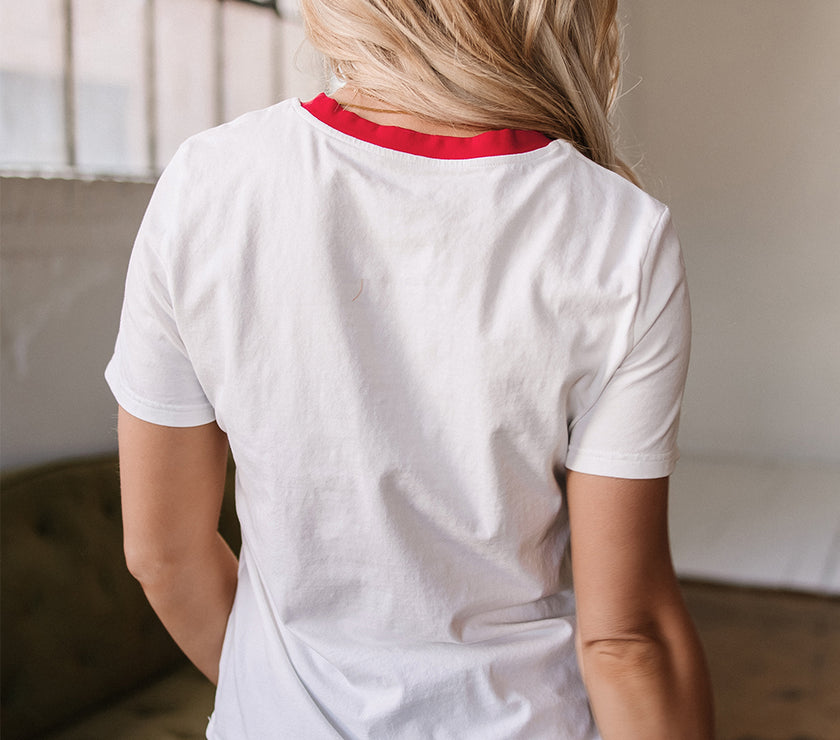 White Rainbow Stripe Print Contrast Crewneck T Shirt