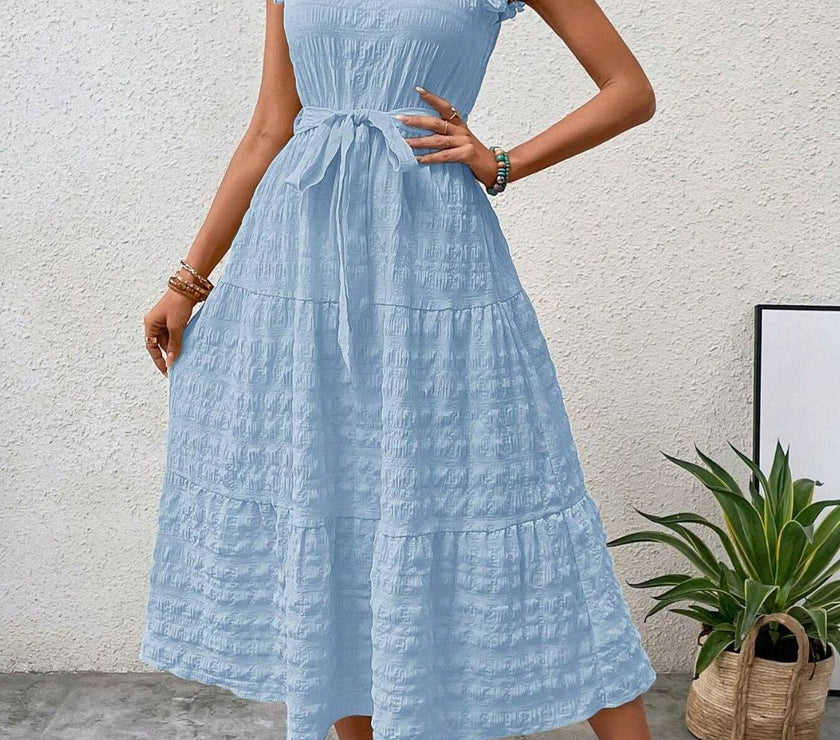 Tied Ruffled Cap Sleeve Midi Dress