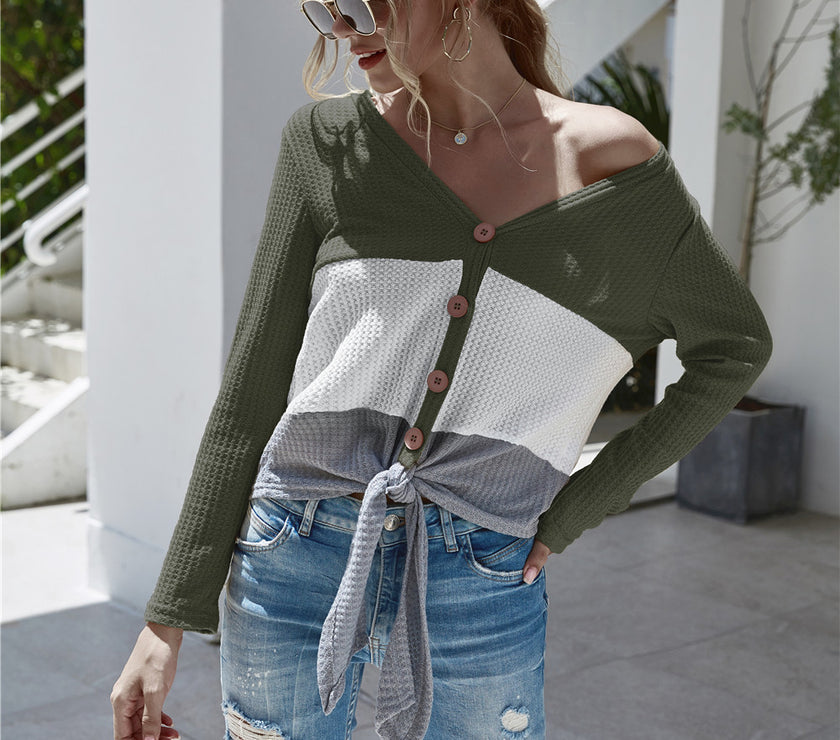 Twisted Waffle-Knit Color Block Buttoned Blouse