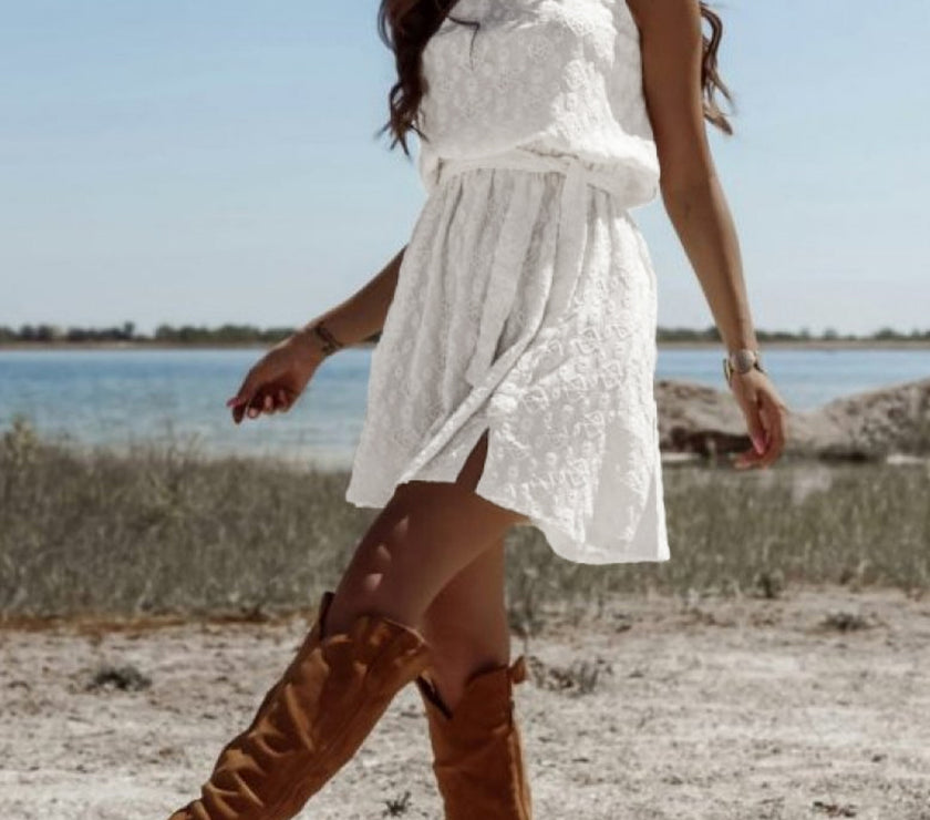 White Lace Sleeveless Knot Hollow Out Back Tied Waist Mini Dress