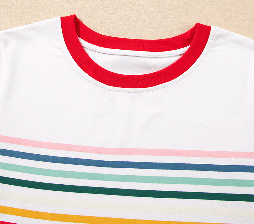 White Rainbow Stripe Print Contrast Crewneck T Shirt