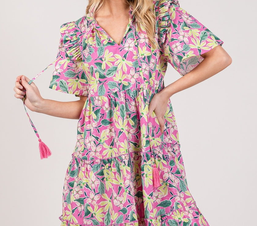 SAGE + FIG Floral Ruffle Short Sleeve Dress