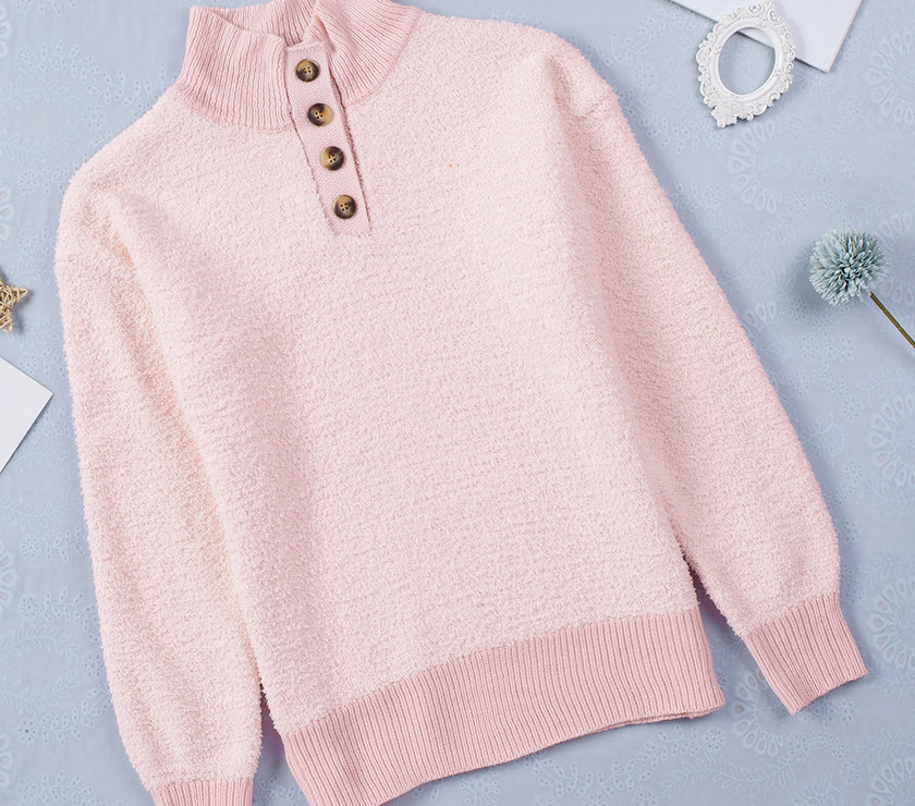 Button Detail Mock Neck Long Sleeve Sweater