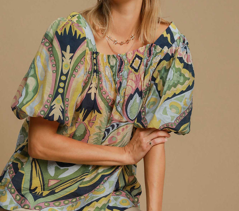 Umgee Full Size Abstract Print Smocked Square Neck Puff Sleeve Blouse
