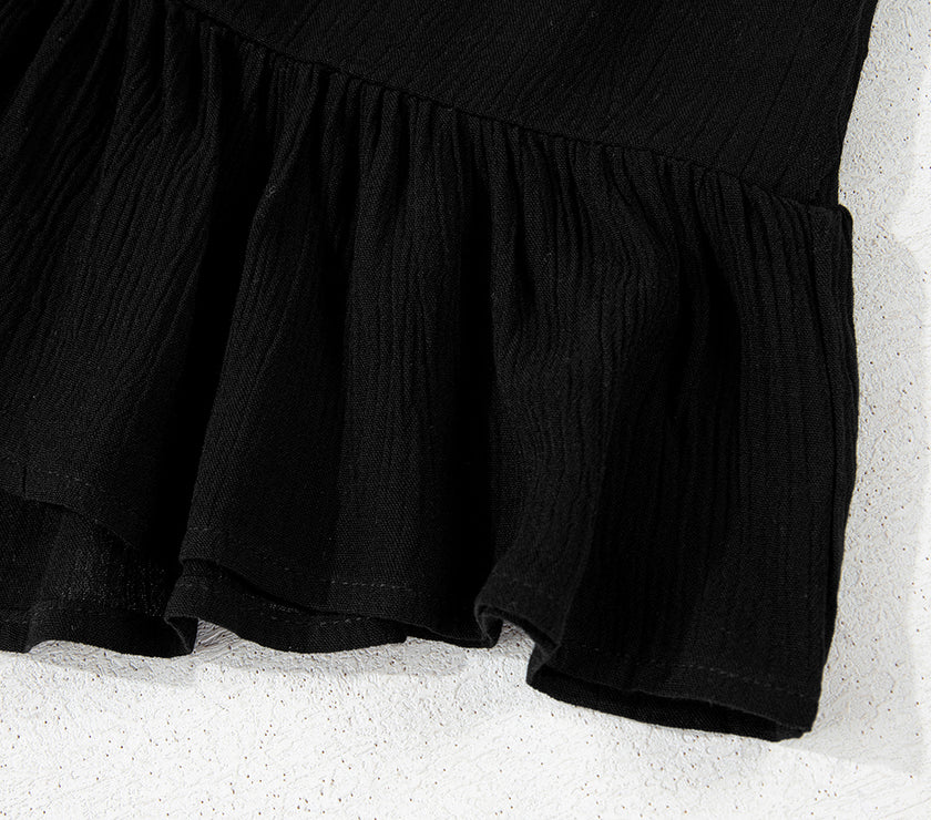 Black Floral Embroidery Ruffled Spaghetti Straps Tank Top