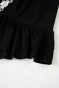 Black Floral Embroidery Ruffled Spaghetti Straps Tank Top